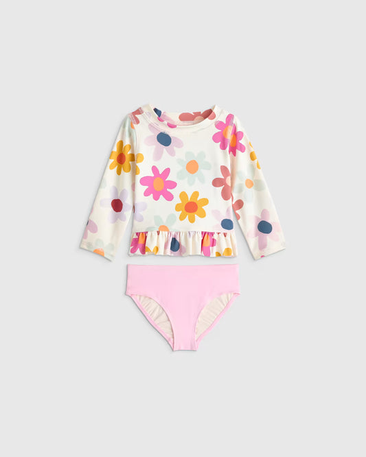 Long Sleeve Ruffle Rash Guard Two-Piece Swimsuit - US 6075