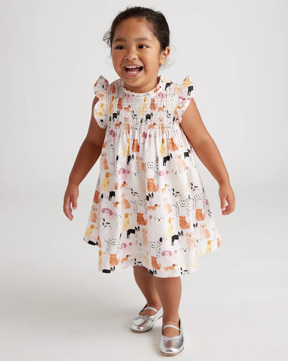 100% Organic Cotton Poplin Smocked Flutter Sleeve Dress - US 1729