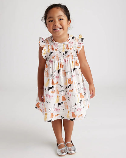 100% Organic Cotton Poplin Smocked Flutter Sleeve Dress - US 1729