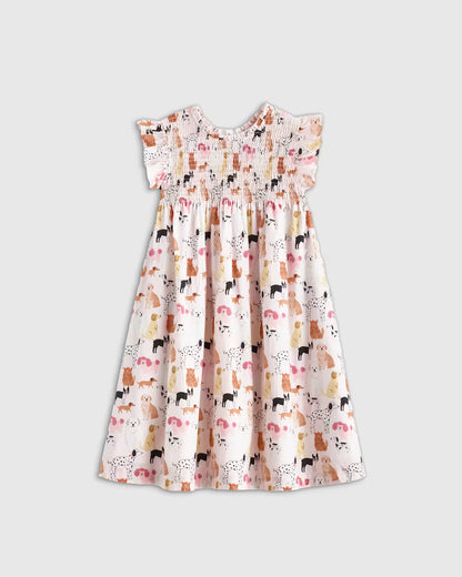 100% Organic Cotton Poplin Smocked Flutter Sleeve Dress - US 1729