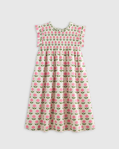 100% Organic Cotton Poplin Smocked Flutter Sleeve Dress - US 9858