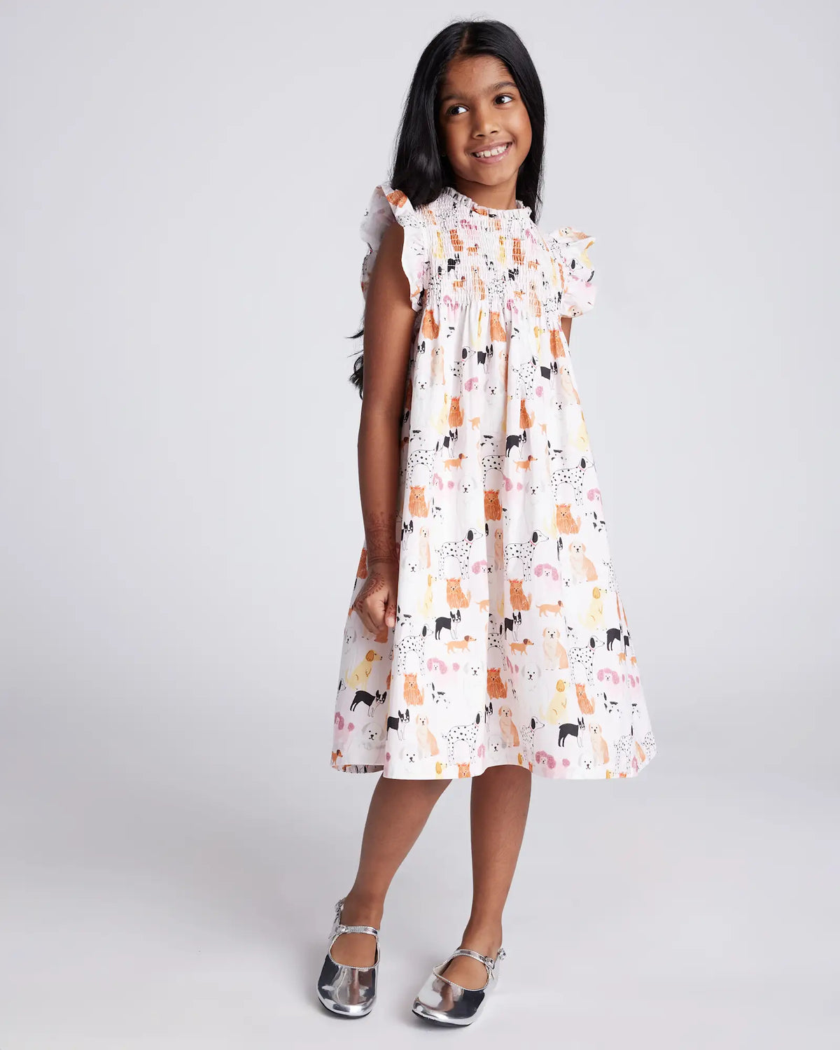 100% Organic Cotton Poplin Smocked Flutter Sleeve Dress - US 8432
