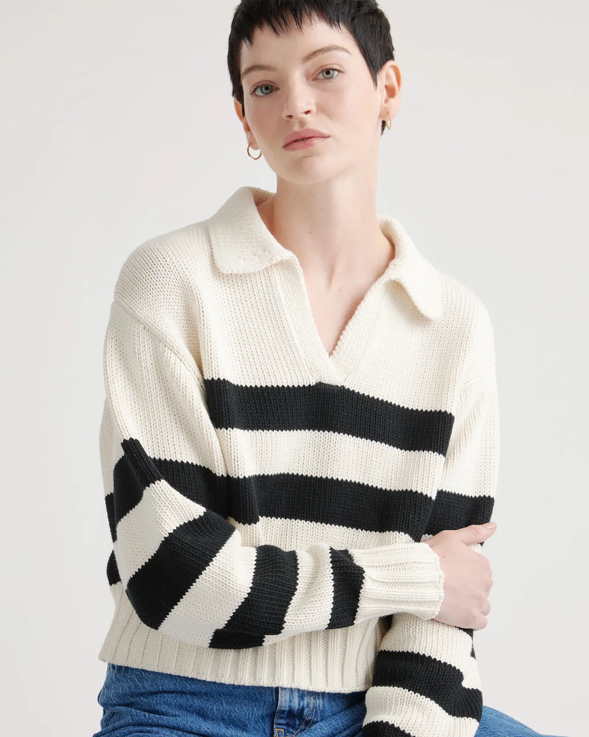 100% Organic Cropped Cotton Polo Sweater - US 7544