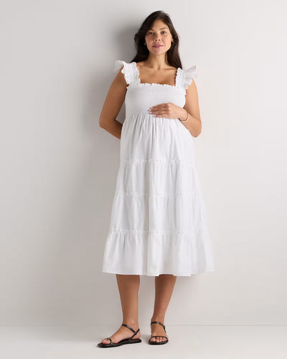 100% Organic Cotton Poplin Maternity Smocked Midi Dress - US 4747