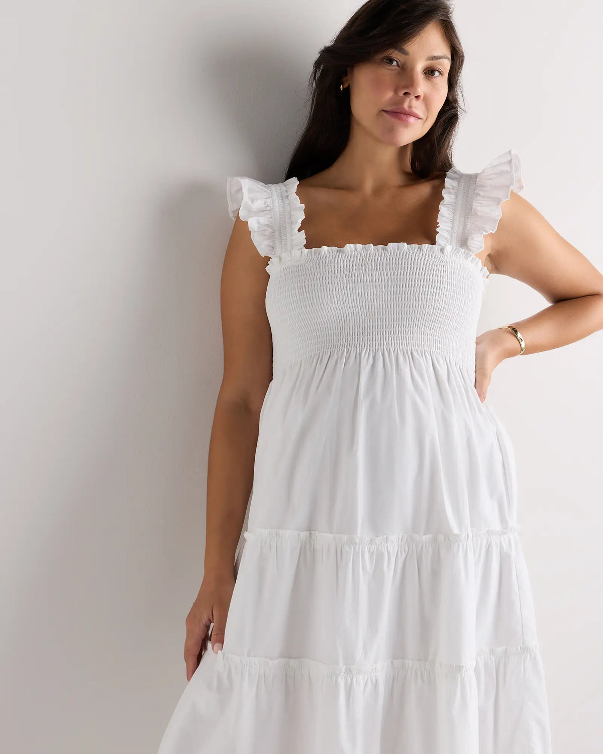 100% Organic Cotton Poplin Maternity Smocked Midi Dress - US 4747