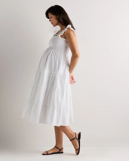 100% Organic Cotton Poplin Maternity Smocked Midi Dress - US 4747