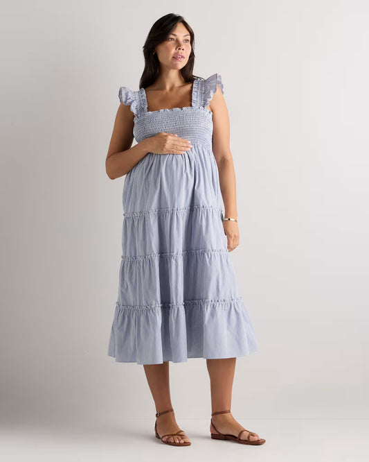 100% Organic Cotton Poplin Maternity Smocked Midi Dress - US 0759