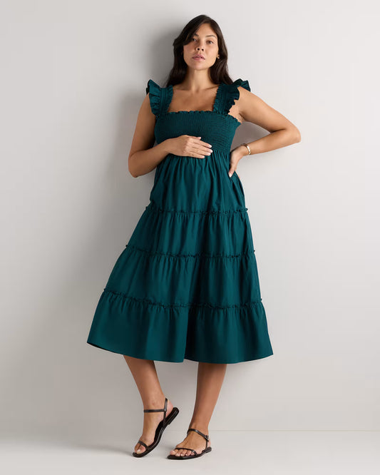 100% Organic Cotton Poplin Maternity Smocked Midi Dress - US 9425