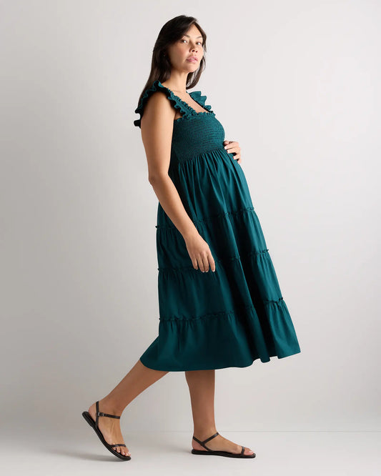 100% Organic Cotton Poplin Maternity Smocked Midi Dress - US 9425