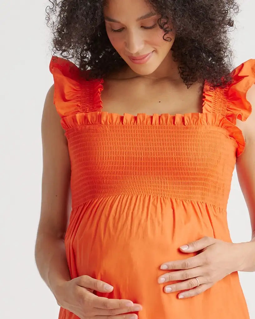 100% Organic Cotton Poplin Maternity Smocked Midi Dress - US 4922