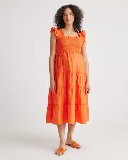 100% Organic Cotton Poplin Maternity Smocked Midi Dress - US 4922