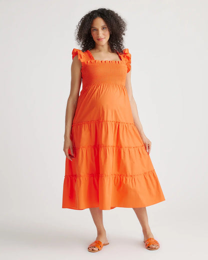 100% Organic Cotton Poplin Maternity Smocked Midi Dress - US 4922