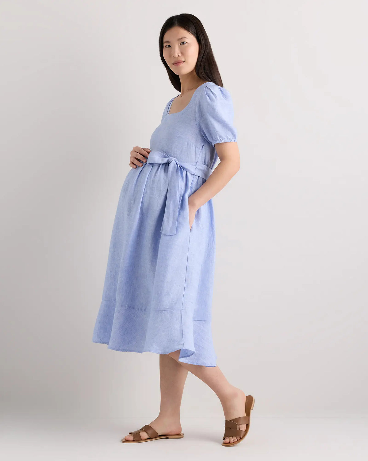 100% European Linen Maternity Short Sleeve Midi Dress - US 1881