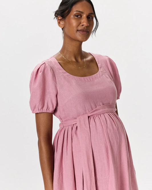 100% European Linen Maternity Short Sleeve Midi Dress - US 3924