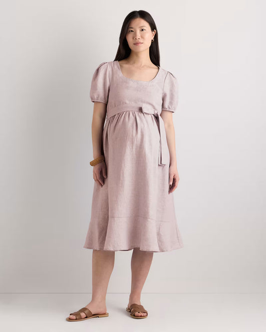 100% European Linen Maternity Short Sleeve Midi Dress - US 6000