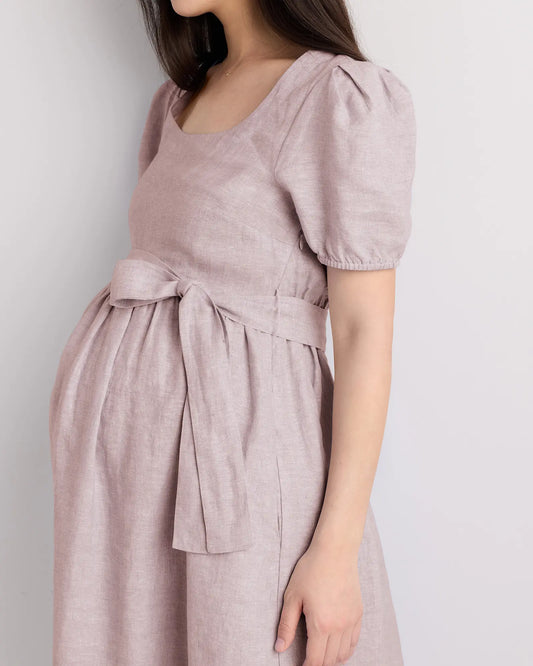 100% European Linen Maternity Short Sleeve Midi Dress - US 6000