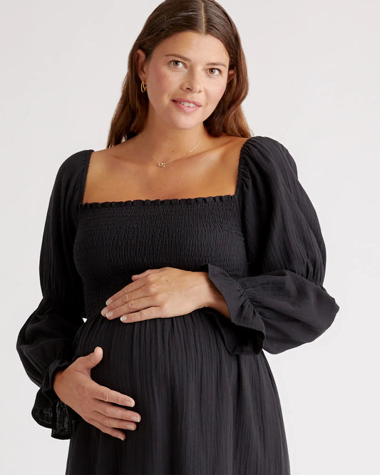 100% Organic Cotton Gauze Maternity Smocked Midi Dress - US 8882