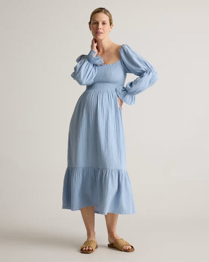 100% Organic Cotton Gauze Maternity Smocked Midi Dress - US 6799