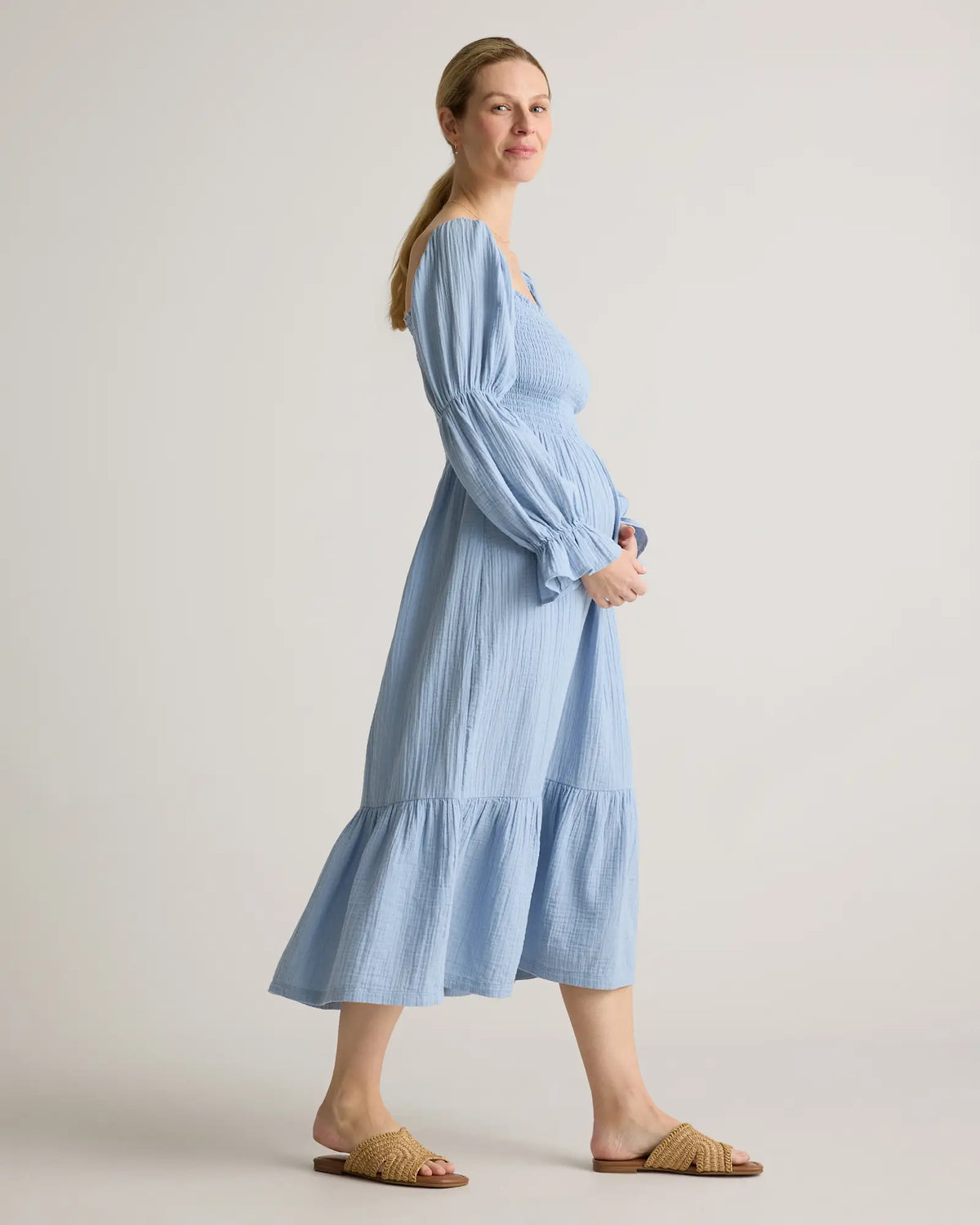 100% Organic Cotton Gauze Maternity Smocked Midi Dress - US 6799