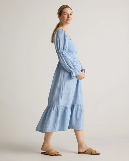 100% Organic Cotton Gauze Maternity Smocked Midi Dress - US 6799
