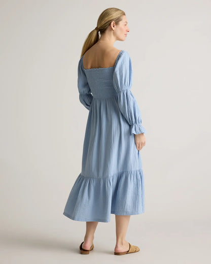 100% Organic Cotton Gauze Maternity Smocked Midi Dress - US 6799