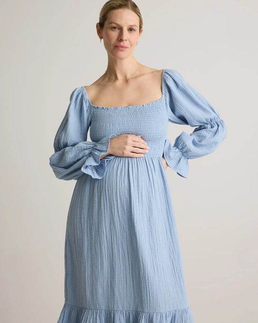 100% Organic Cotton Gauze Maternity Smocked Midi Dress - US 6799