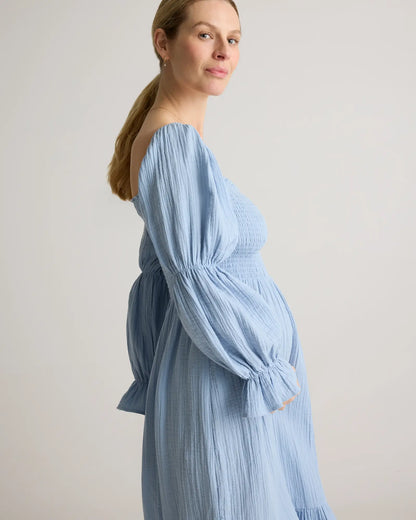 100% Organic Cotton Gauze Maternity Smocked Midi Dress - US 6799