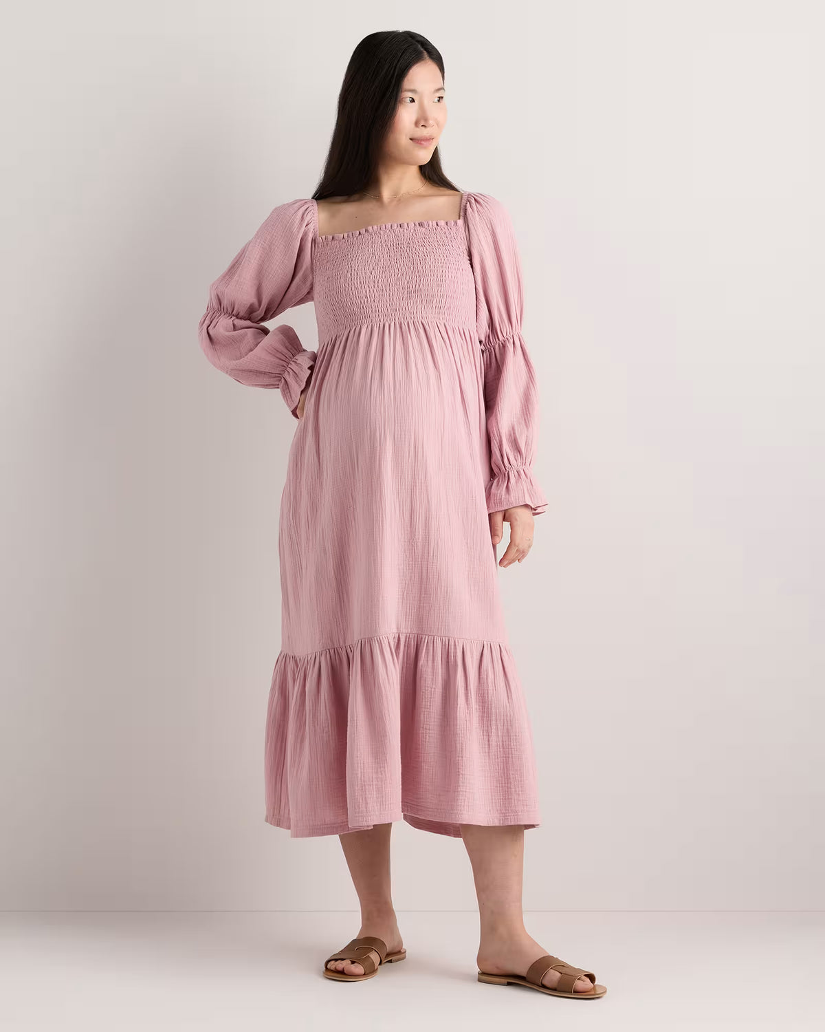 100% Organic Cotton Gauze Maternity Smocked Midi Dress - US 2171