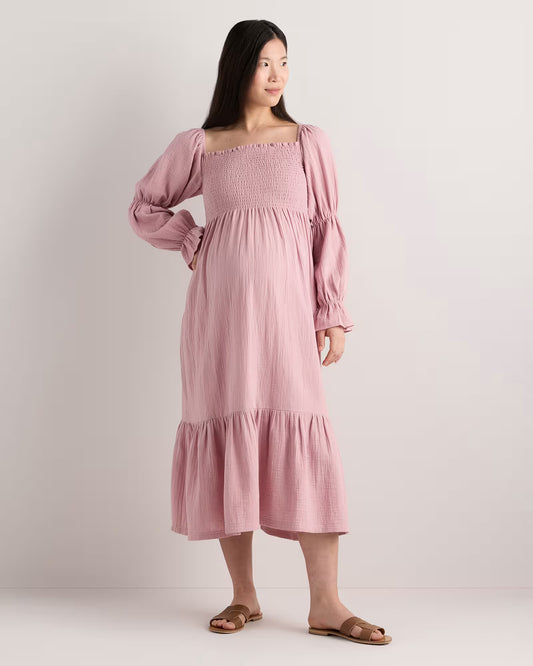 100% Organic Cotton Gauze Maternity Smocked Midi Dress - US 2171