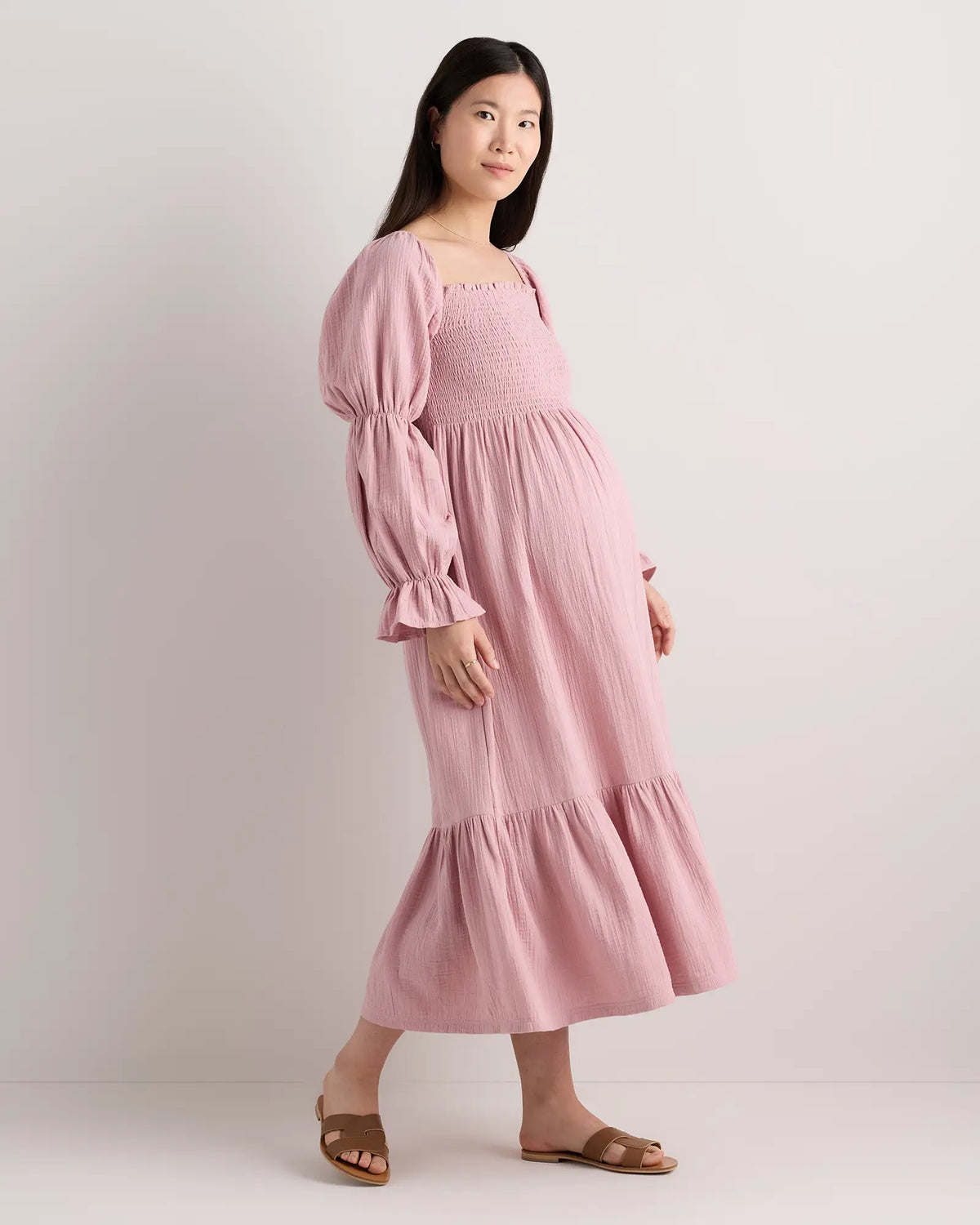100% Organic Cotton Gauze Maternity Smocked Midi Dress - US 2171