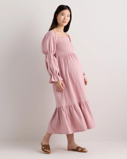 100% Organic Cotton Gauze Maternity Smocked Midi Dress - US 2171