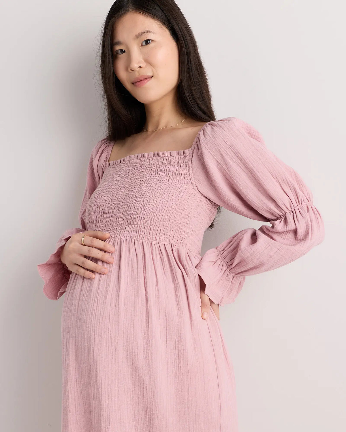 100% Organic Cotton Gauze Maternity Smocked Midi Dress - US 2171