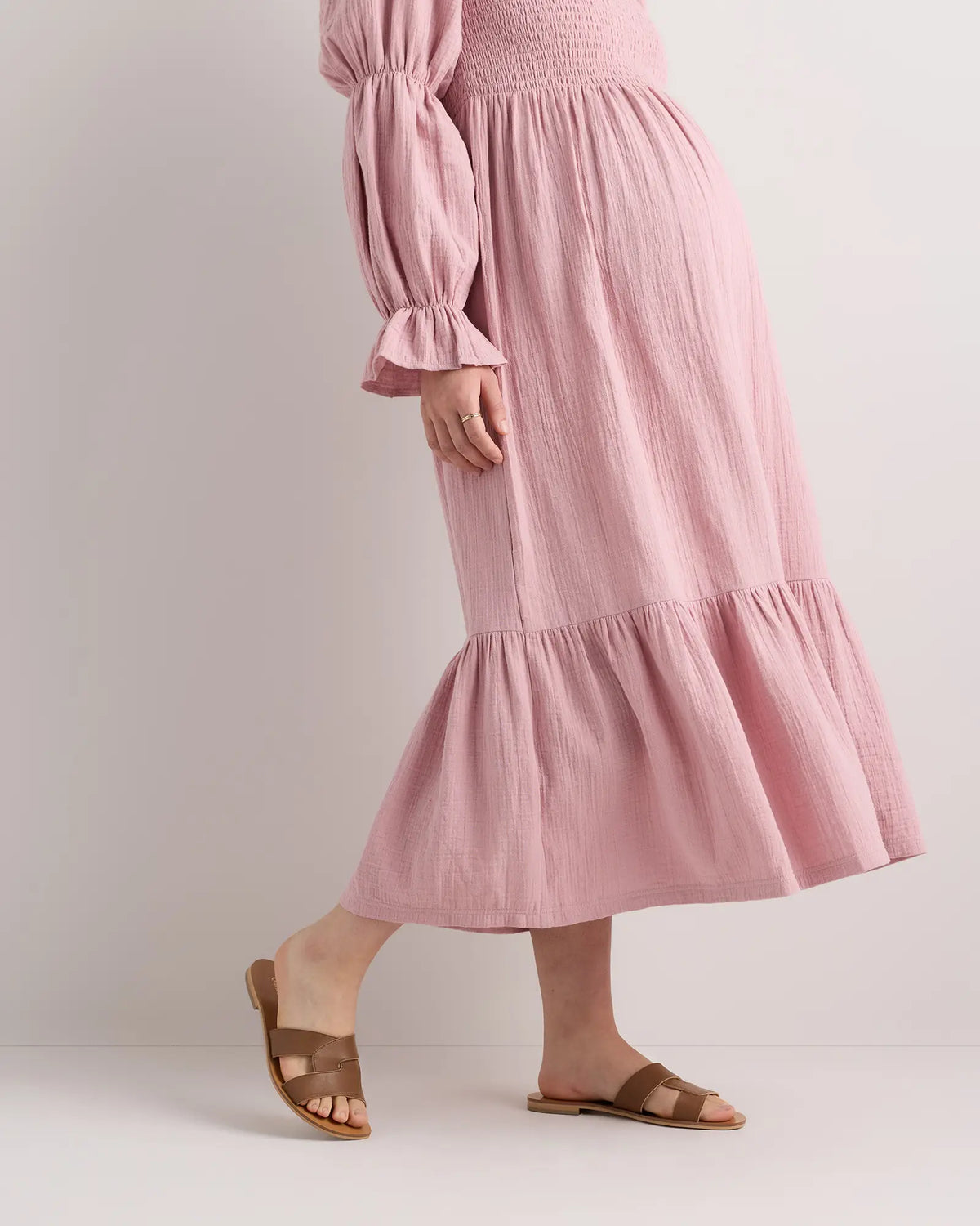 100% Organic Cotton Gauze Maternity Smocked Midi Dress - US 2171
