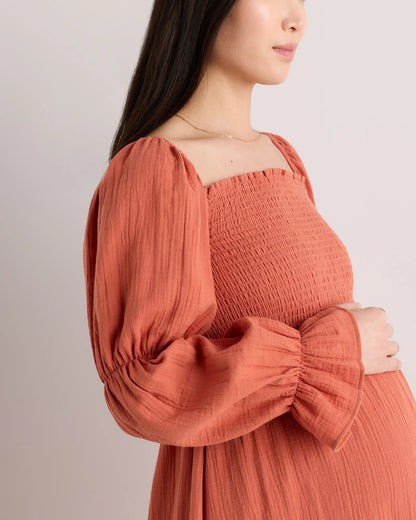 100% Organic Cotton Gauze Maternity Smocked Midi Dress - US 3663