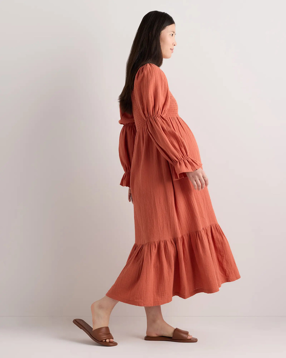 100% Organic Cotton Gauze Maternity Smocked Midi Dress - US 3663