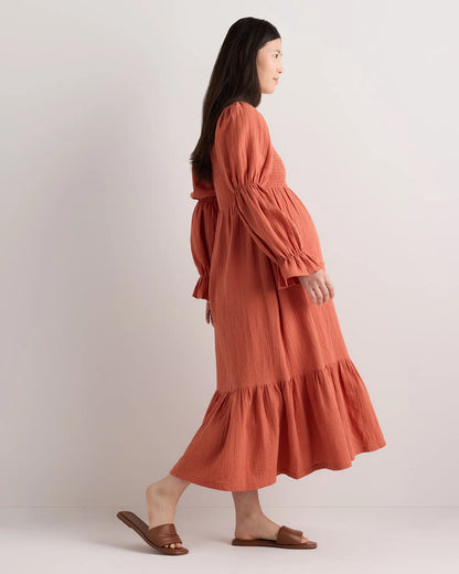 100% Organic Cotton Gauze Maternity Smocked Midi Dress - US 3663