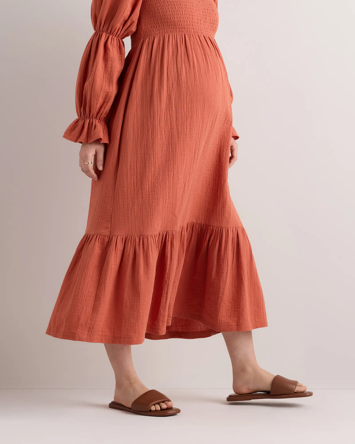 100% Organic Cotton Gauze Maternity Smocked Midi Dress - US 3663