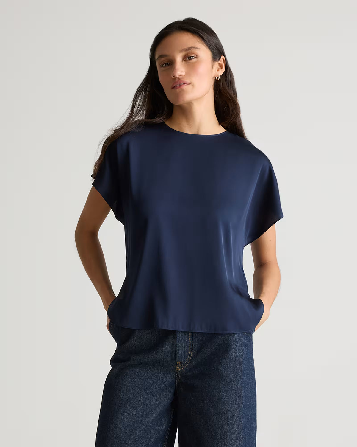 Washable Stretch Silk Split Hem Tee - US 1344