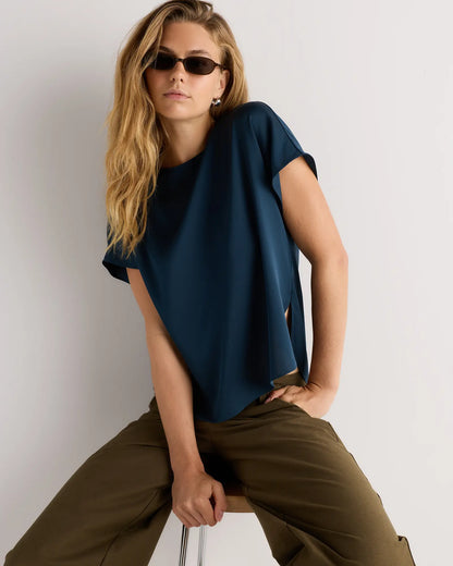 Washable Stretch Silk Split Hem Tee - US 8369
