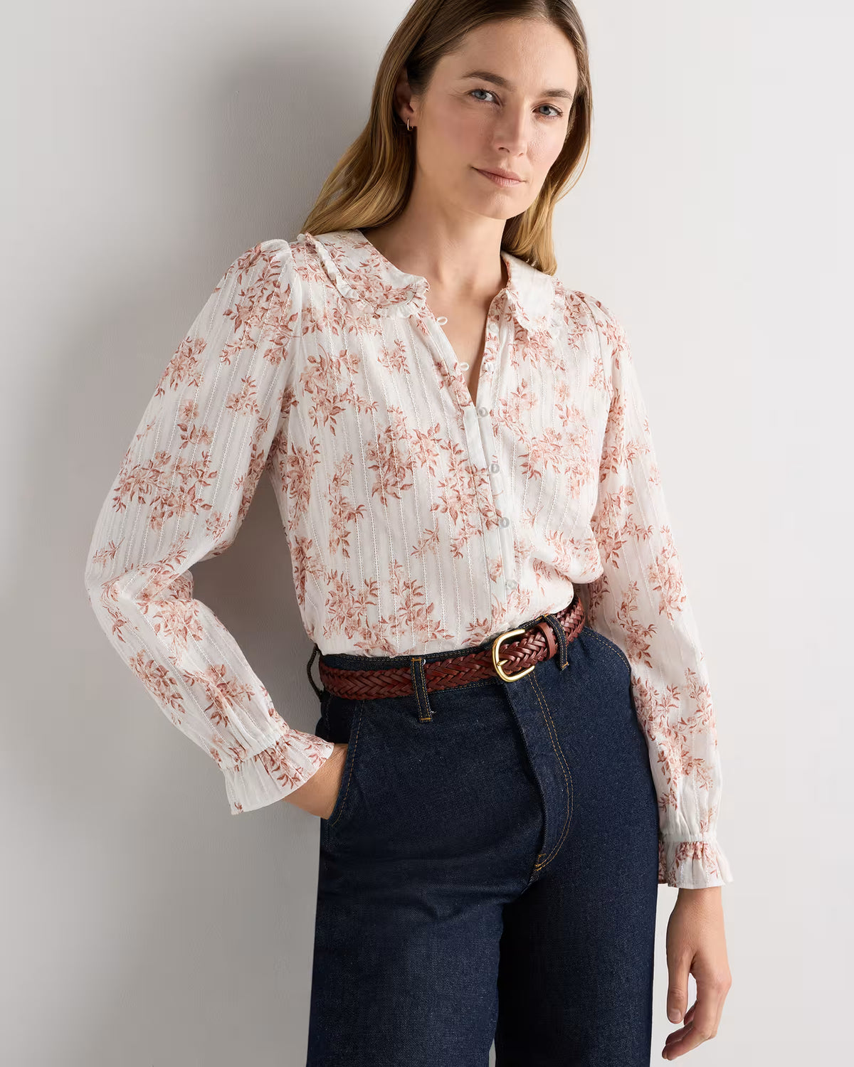 Embroidered Cotton Ruffle Collar Long Sleeve Blouse - US 1146