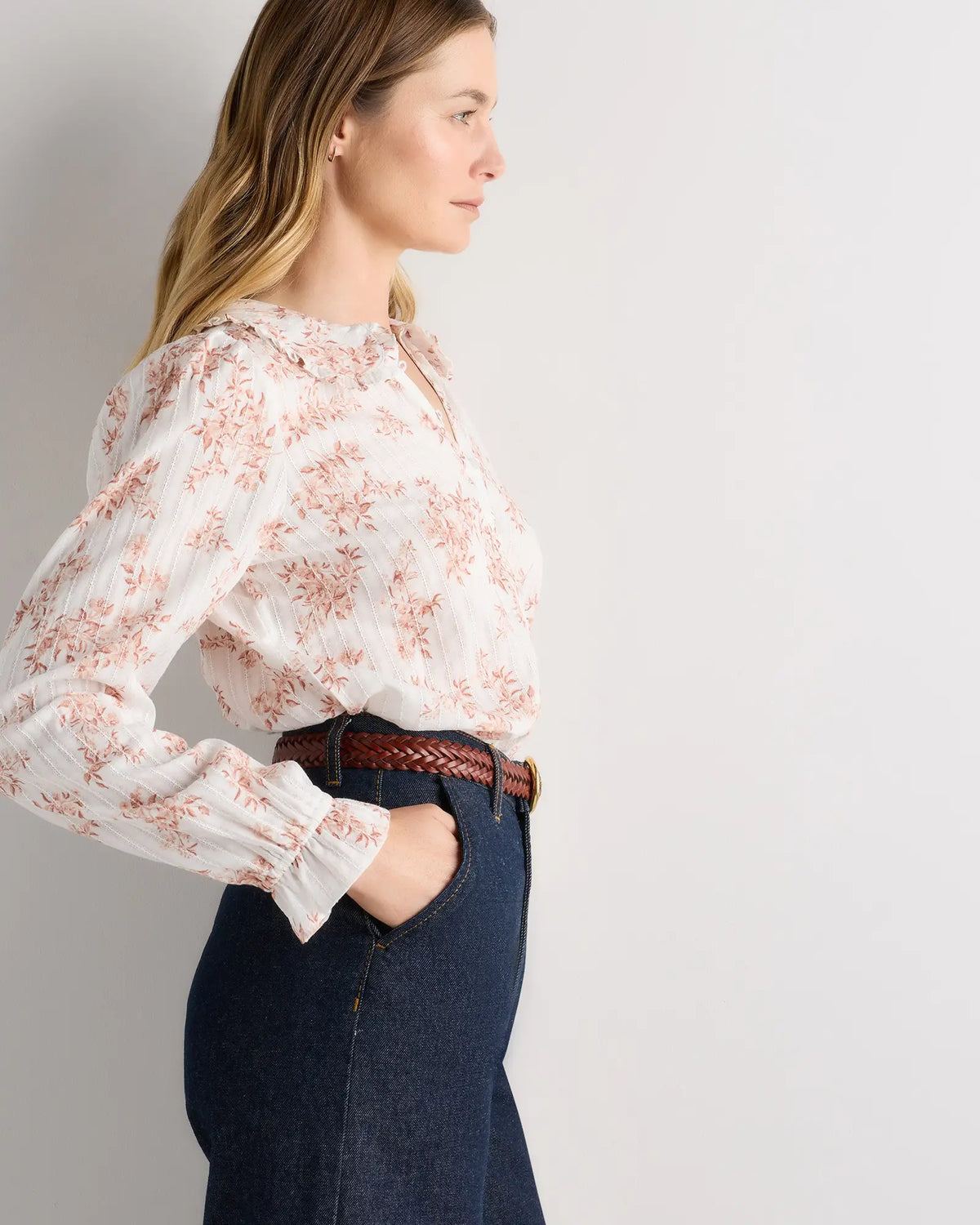 Embroidered Cotton Ruffle Collar Long Sleeve Blouse - US 1146