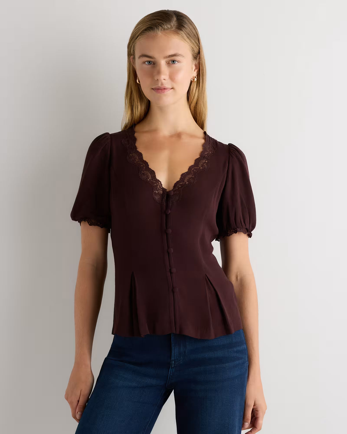 Lightweight Crepe Lace Puff Sleeve Blouse - US 4564