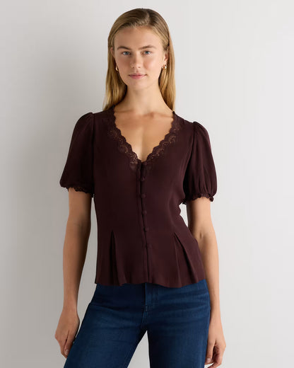 Lightweight Crepe Lace Puff Sleeve Blouse - US 4564