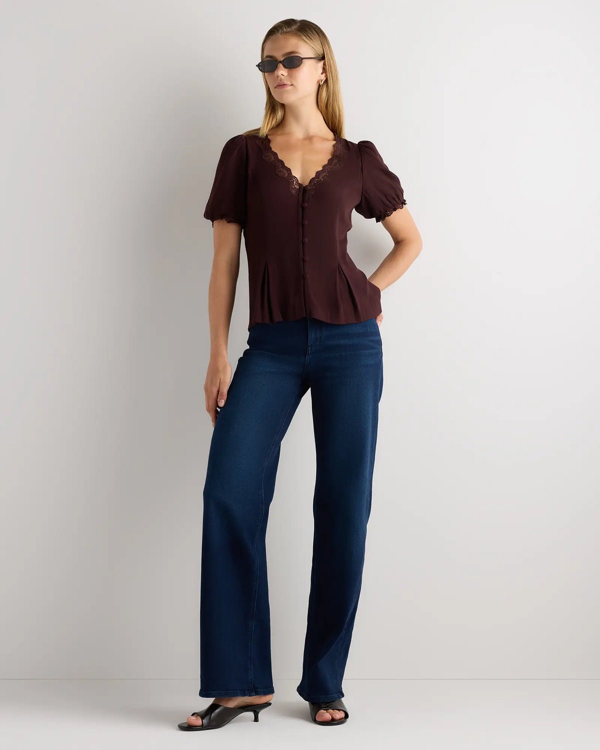 Lightweight Crepe Lace Puff Sleeve Blouse - US 4564
