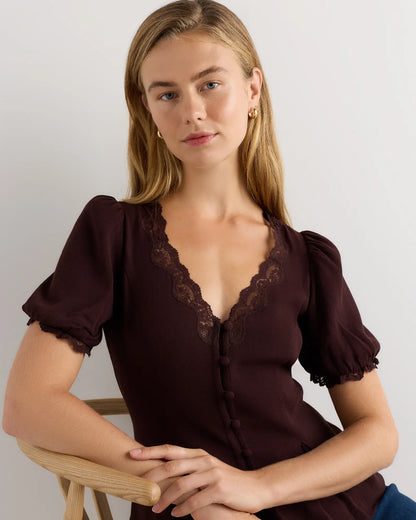 Lightweight Crepe Lace Puff Sleeve Blouse - US 4564