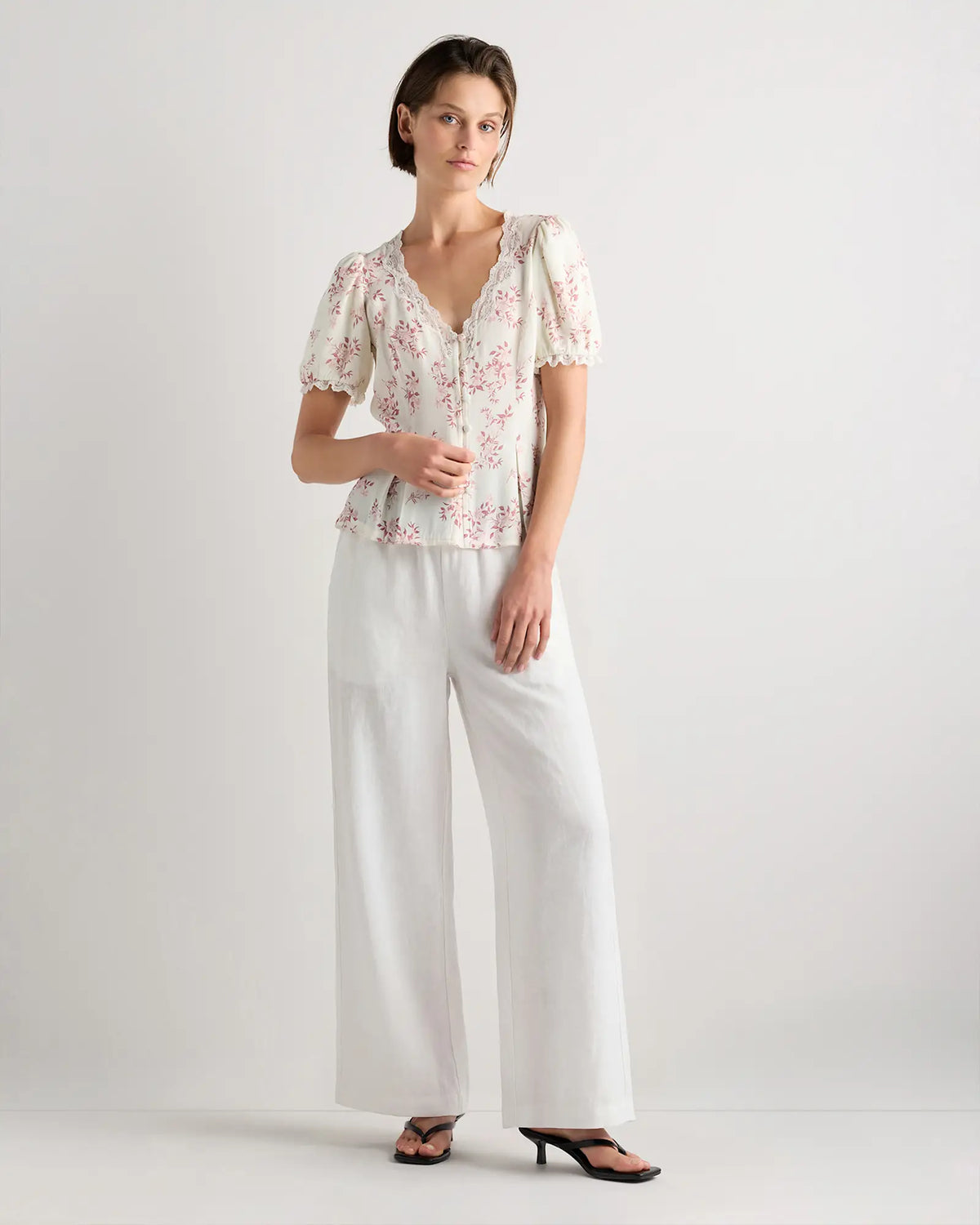 Lightweight Crepe Lace Puff Sleeve Blouse - US 2359