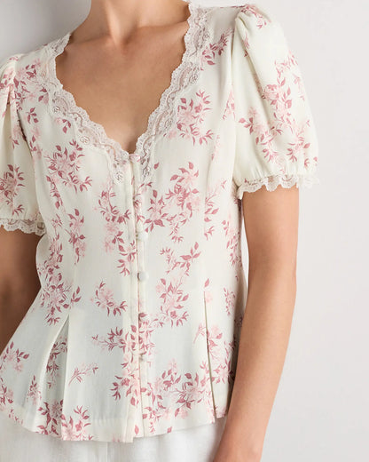 Lightweight Crepe Lace Puff Sleeve Blouse - US 2359