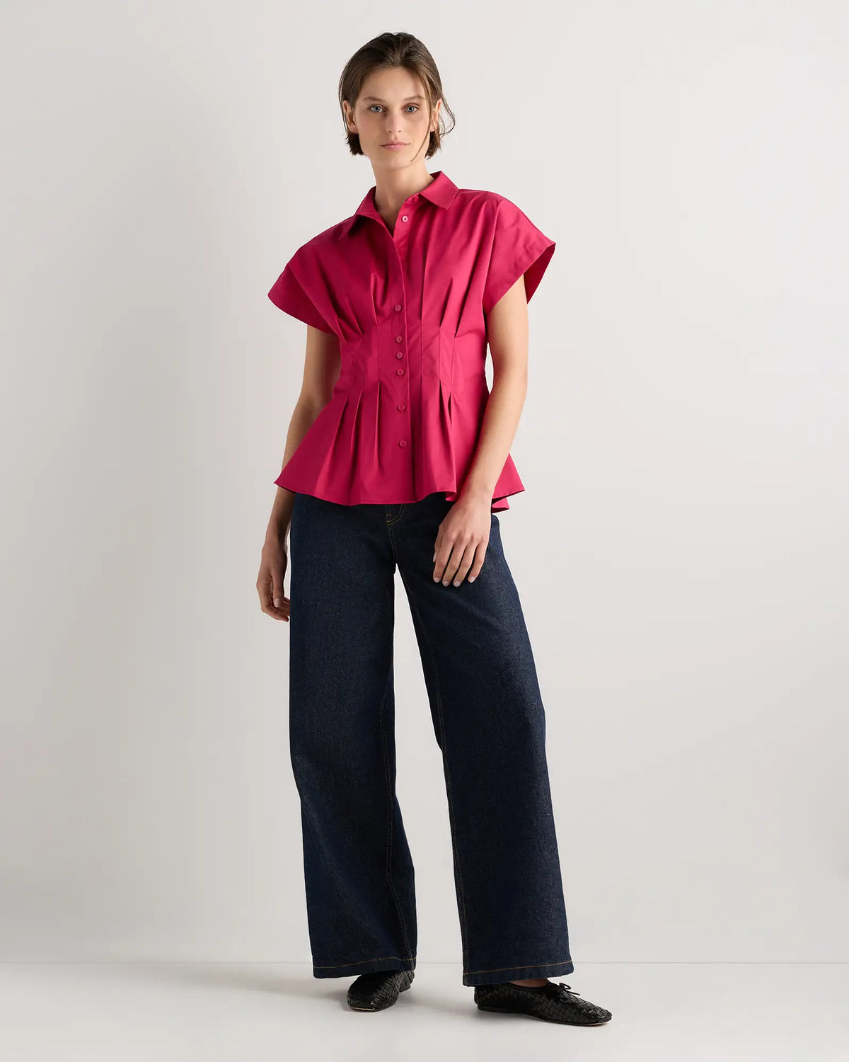 Stretch Twill Pleated Short Sleeve Shirt - US 9865