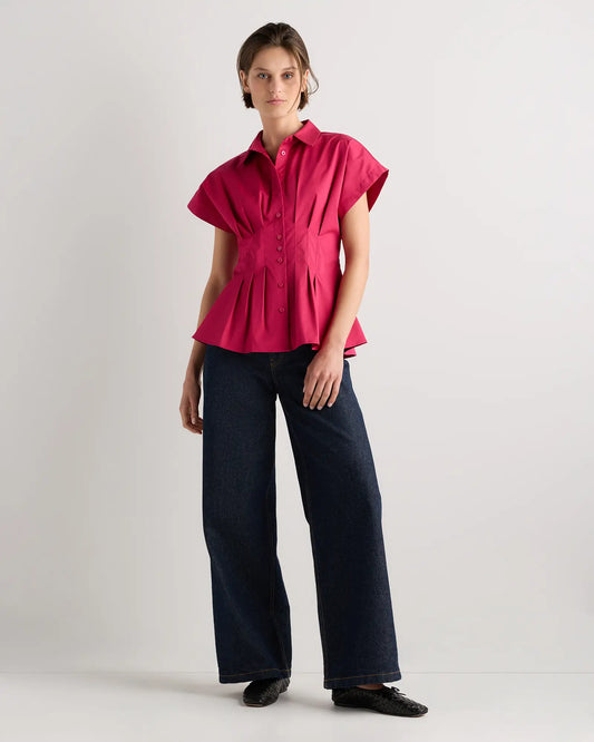 Stretch Twill Pleated Short Sleeve Shirt - US 9865