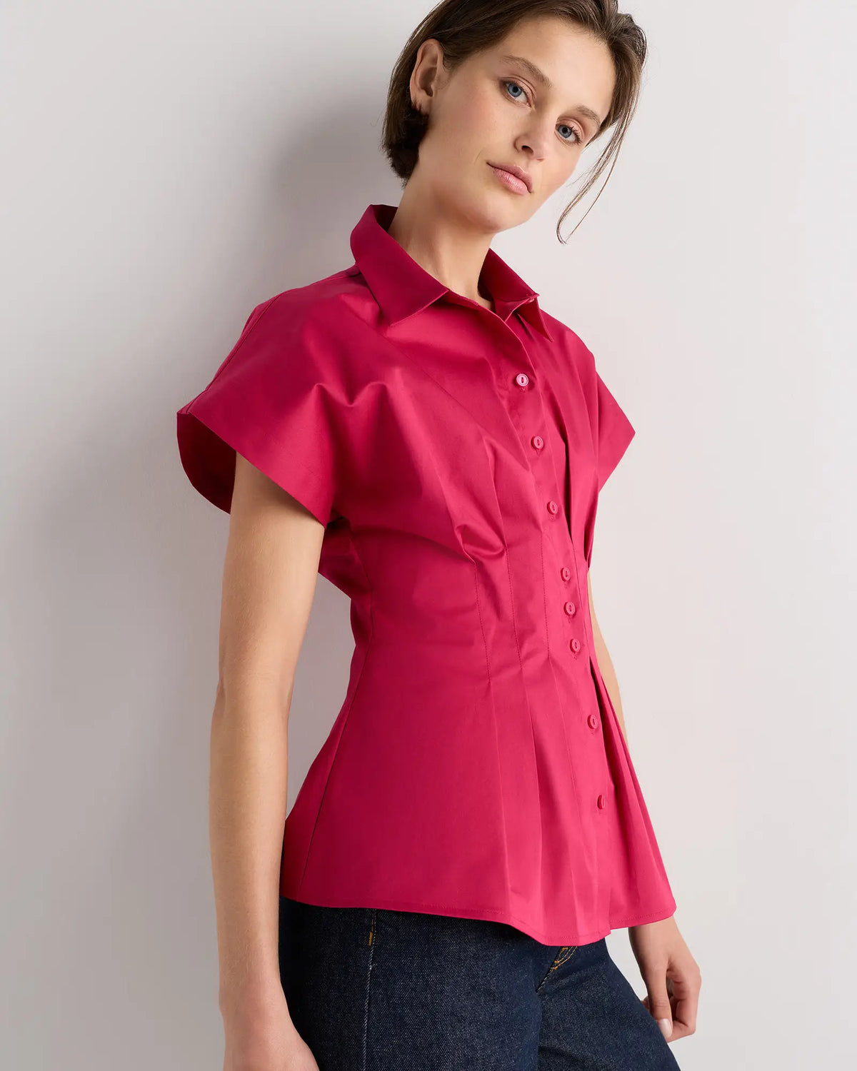 Stretch Twill Pleated Short Sleeve Shirt - US 9865